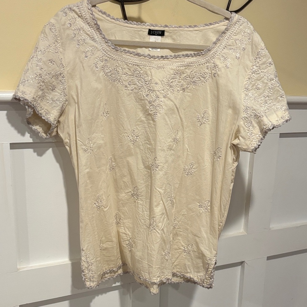 J. Crew Cream Embroidered Short-Sleeve Blouse